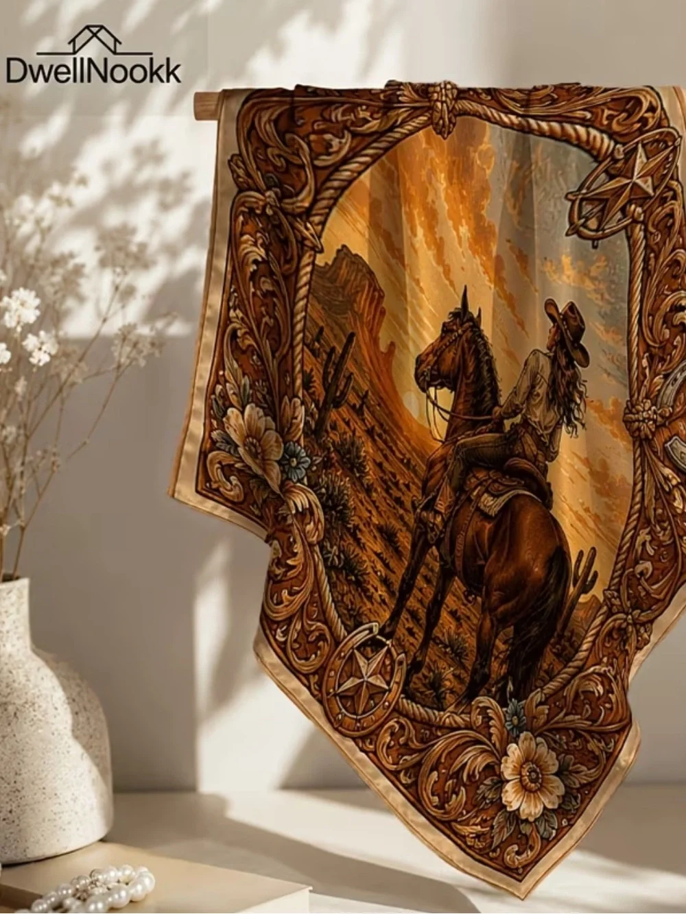 Western Sunset Cowgirl Print Scarf - Golden/Brown 35.83”